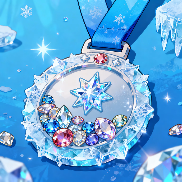 Magneticslot game medal with crystals and snowflakes celebrating achievements and tournaments.