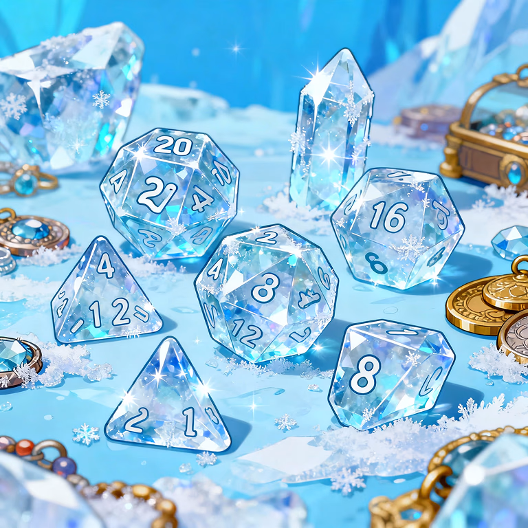 Magneticslot gaming dice with icy gemstones showing variety of casino games and lucky rolls.