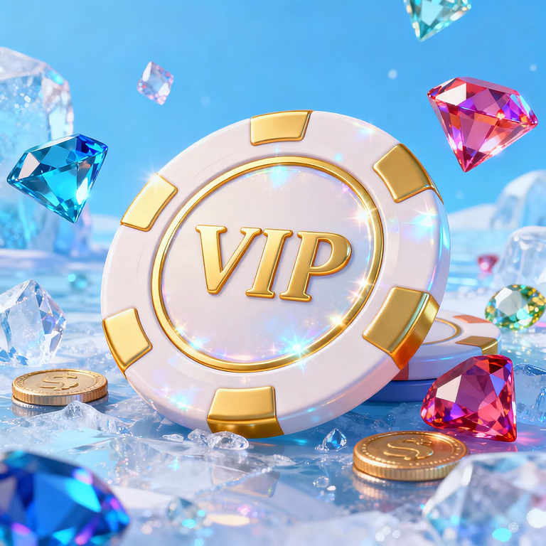 Magneticslot VIP poker chip with diamonds and crystals highlighting premium membership benefits.